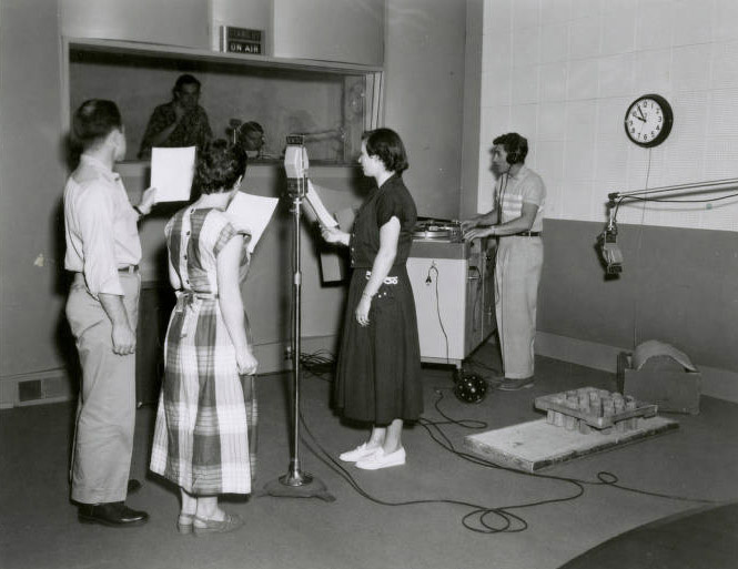 1952—Three KWSC students  recording to a vinyl record